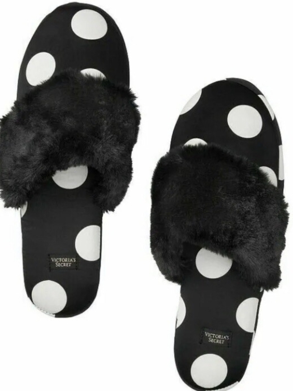 Victoria's Secret Black and White Polka Dot Faux Fur Slide Slippers